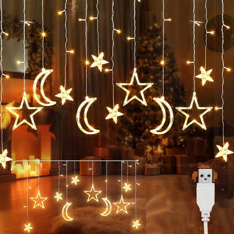 USB & Battery Operated Star Moon Curtain String Lights, Warm White & Multicolor LED Fairy Hanging Lights for Bedroom, Christmas, New Year Indoor Decor