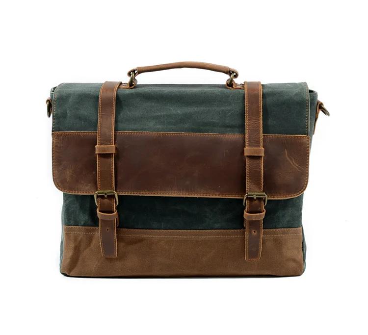 Waterproof Oil Wax Canvas with Leather Briefcase Retro Business Men's Bag Shoulder Messenger Portable Patchwork Bag