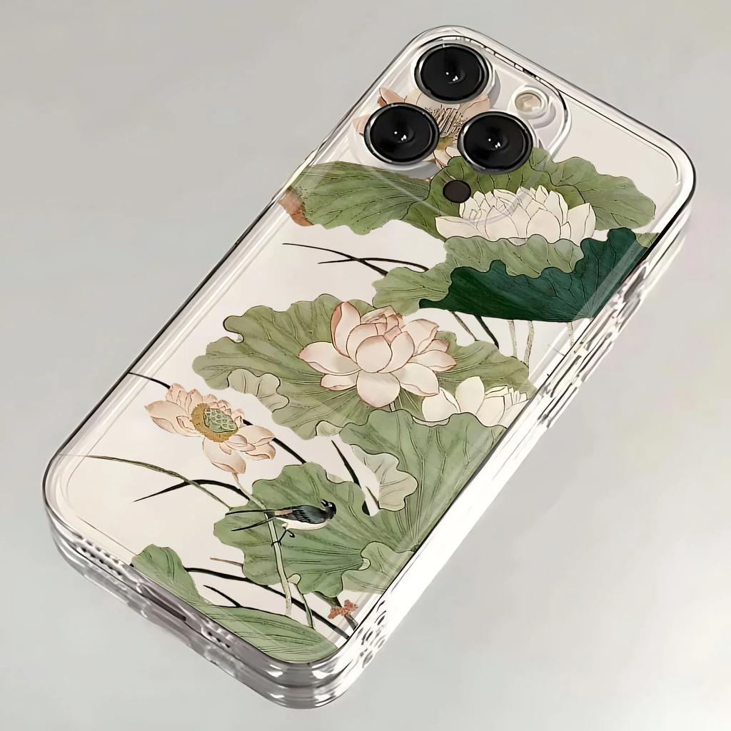 Chinese Ink Wash Lotus Bird Clear Phone Case for iPhone 17 16 15 14 13 12 11 16E Series Pro Max Plus Double Layer Protection