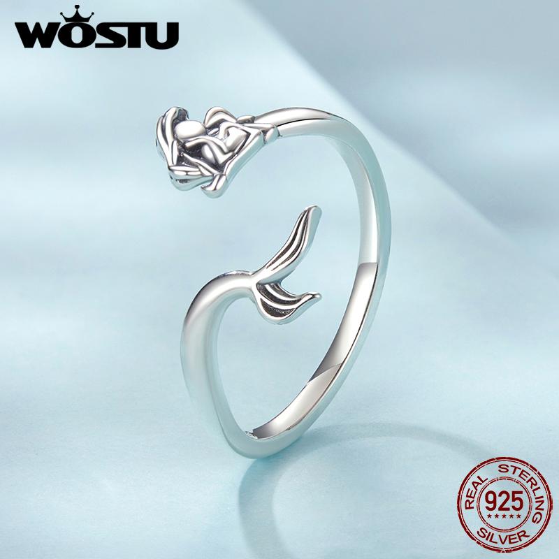 WOSTU 925 Sterling Silver Mermaid Opening Ring For Women Ocean Jewelry Holiday Gift Mermaid Tail Adjust Rings Anillo Party Gift