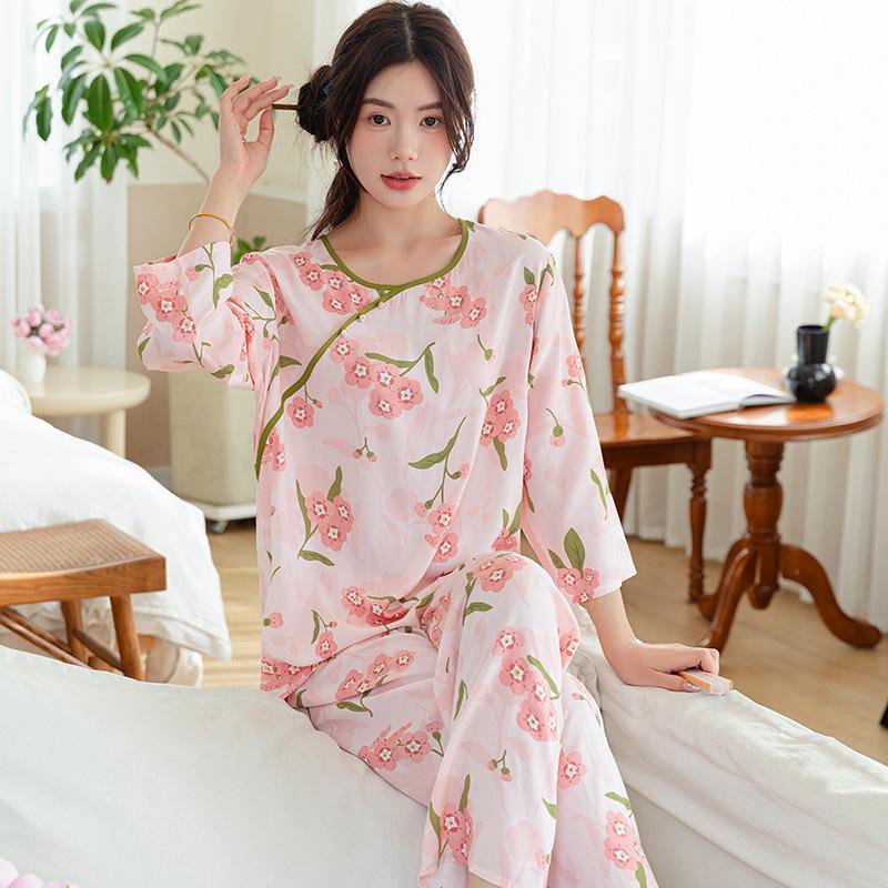 Pajamas women's spring and autumn silk new Chinese loungewear can be worn outside the national style middle-aged and elderly mother's cotton and silk
