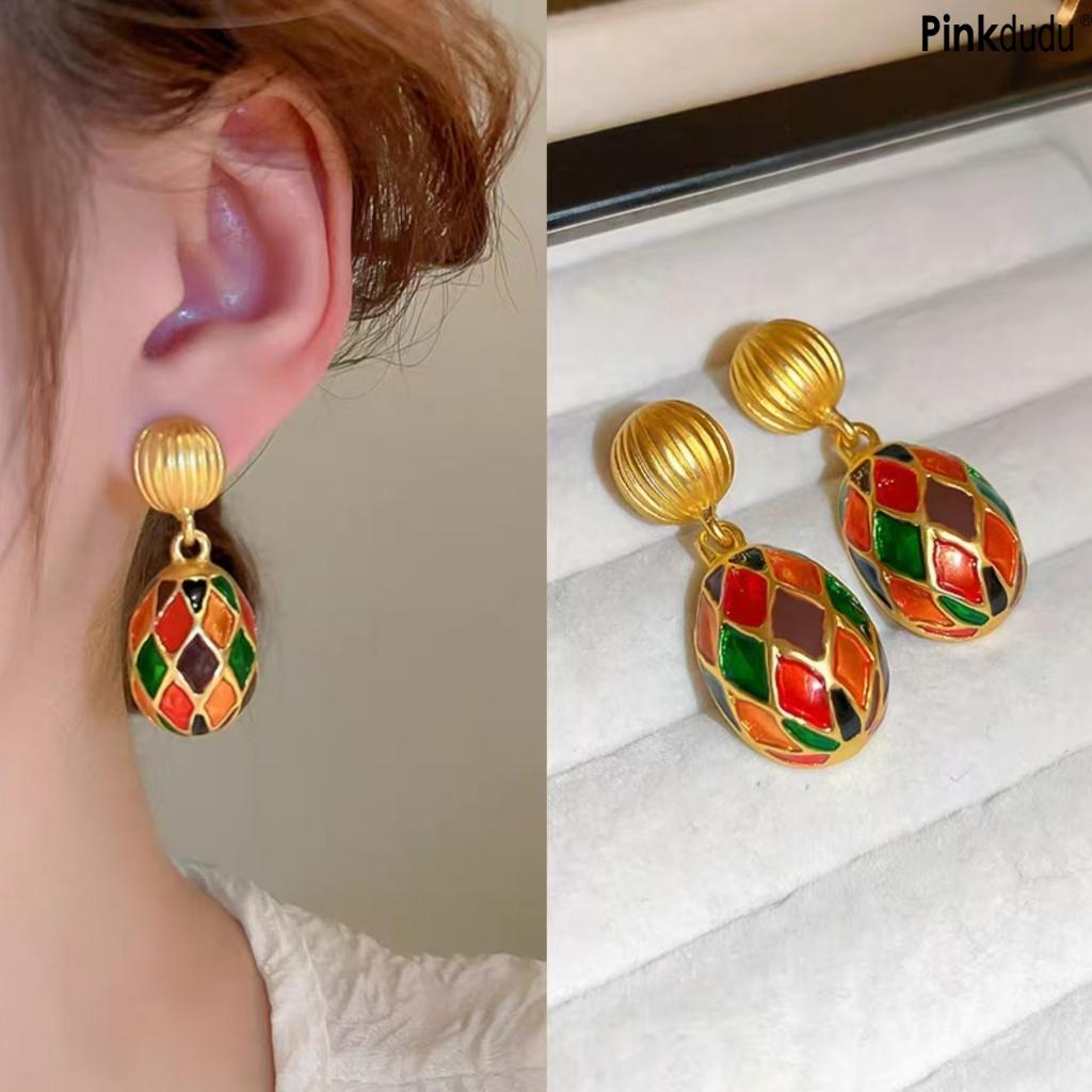 Pinkdudu Vintage Silver Needle Oval Enamel Colored Glazed Drop Earrings Luxurious Classical Court Style Dangle earrings for Women PD2136