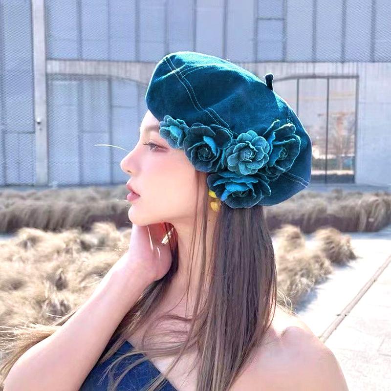 1PC Woman Vintage Blue Camellia Elegant Trendy Fashion Denim Fabric Painter Cap Beret