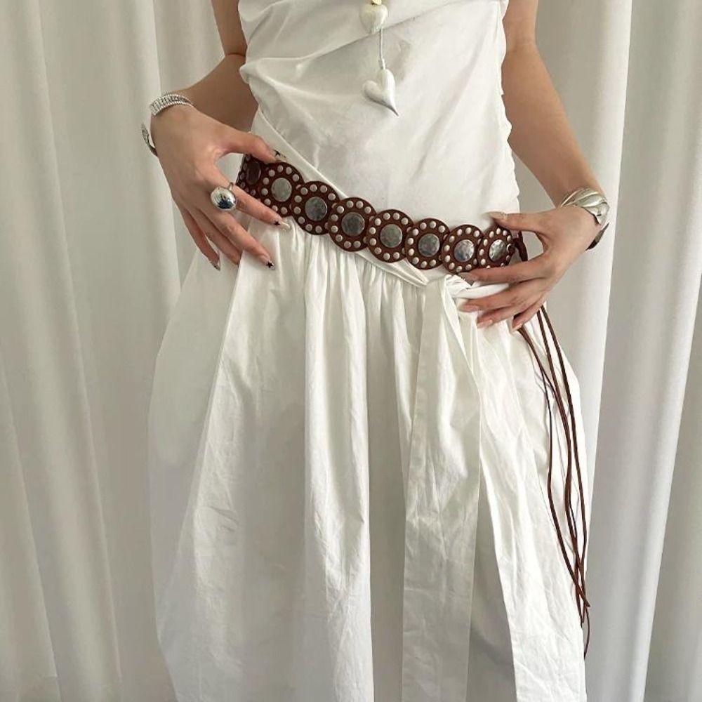 Vintage Women's Rivet Belt Black Coffee Dress Jeans Belt Leather Waist Belt  Waist Decoration