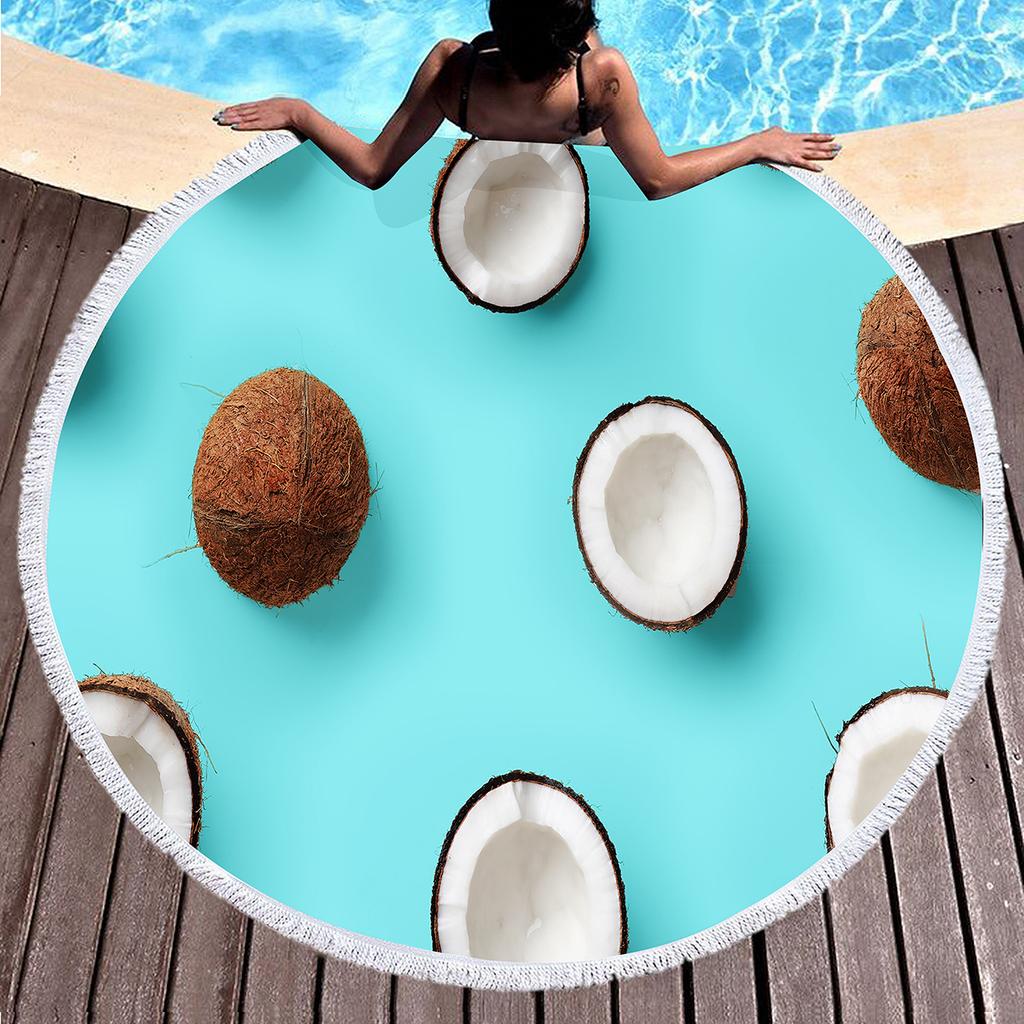 Hawaii Tropical Fruit Coconut Round Beach Towel with Tassels, Microfiber Quick Dry Absorbent Pool Towel Sand Free Beach Blanket
