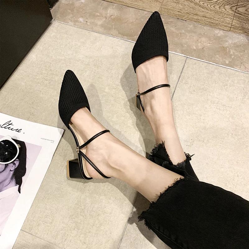 Fashion Summer New Women Pointed Toe Fashion Two-wear Comfortable Sandals Female Thick Heel Sexy Elegant Slippers Ladies Slides Shoes