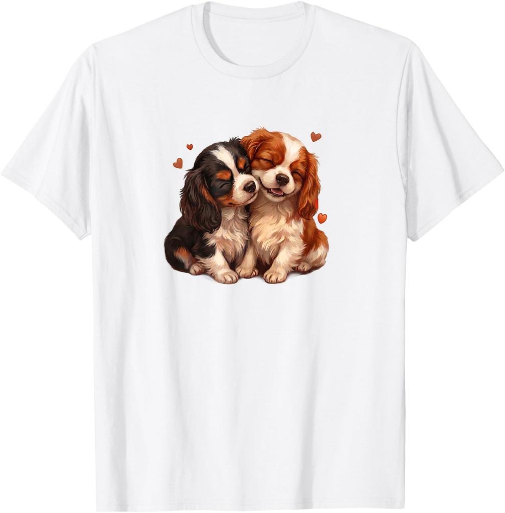 Womens 2 Puppies Two Tricolor Cavalier King Charles Spaniel T-Shirt