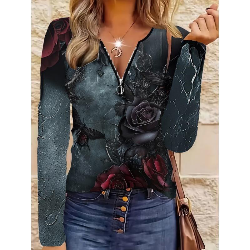 Flower and Butterfly Pattern Zipper T-shirt, Casual Long-sleeved Top, Suitable for Spring and Autumn, Suitable for Home and Outdoor Wear