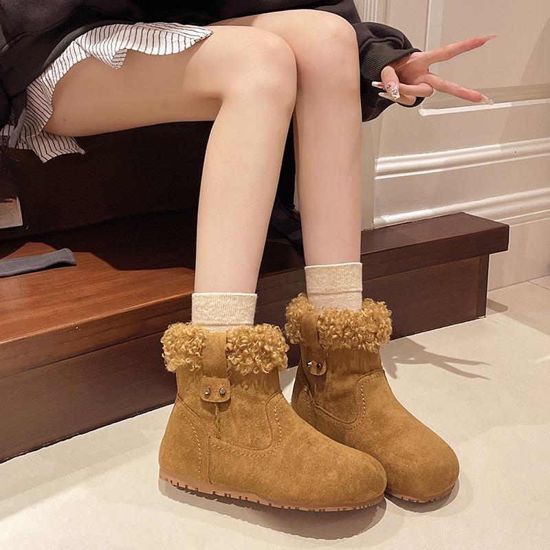 Retro Round Toe Versatile Snow Boots Women's Winter New Fleece Warm Non-slip Fluffy Short-thigh Cotton Shoes