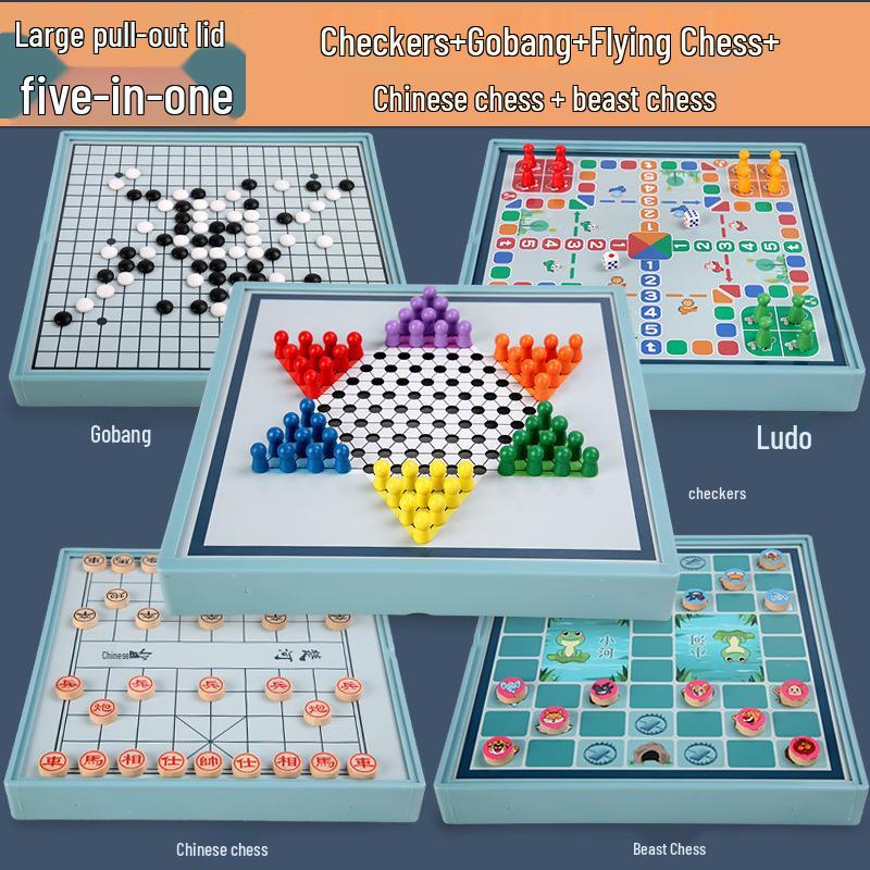 Multifunktionales Holz-Spielbrett: Fliegendes Schach, Dame und Tierkampf für Kinder und Erwachsene