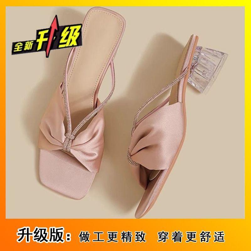 Bow high heels French high-end feeling with skirt cool slippers 2025 summer and autumn new fashion beautiful crystal heel