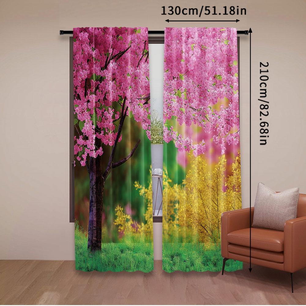 2 Stück Japanische Vorhänge Sakura Blumen Bäume im Frühlingsgarten Landschaft Floral Rosa Blütenmuster Wohnzimmer Schlafzimmer Fenster