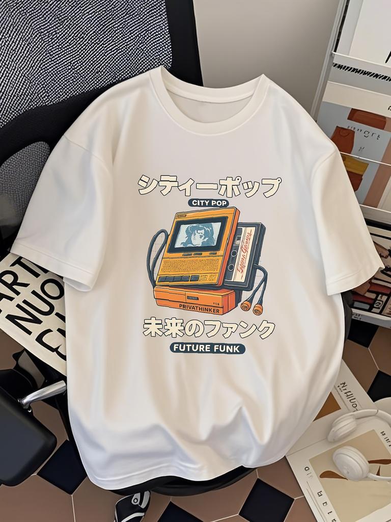 Retro City Pop Inspired Tee with Vintage Cassette Player and Japanese Text Print 100 Cotton Unisexs Tshirt Summer Casual Wear
