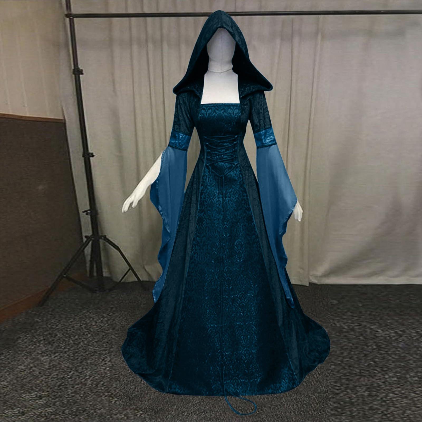 

Женская мода с длинным рукавом с капюшоном готическое платье длиной до пола, платье для косплея L темно-синий