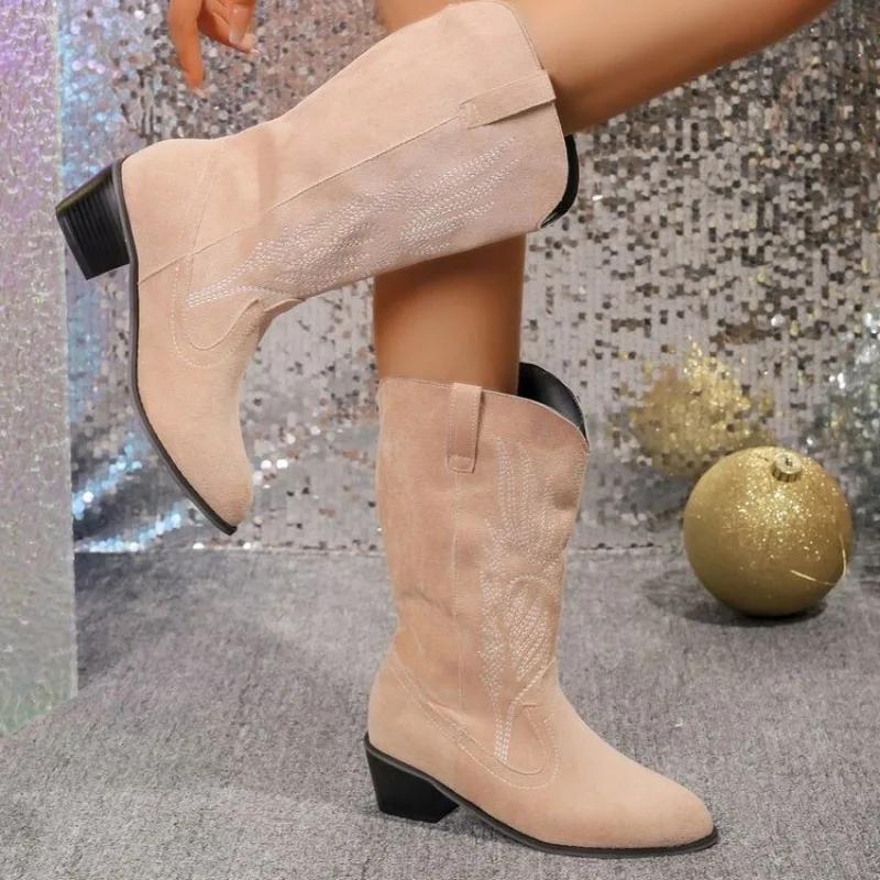 Fashion Women Cowboy Boots Fashion Mid Heel Elegant Boots Women Winter Slip On Pointed Toe Boots New Fashion Outdoor Shoes for Women