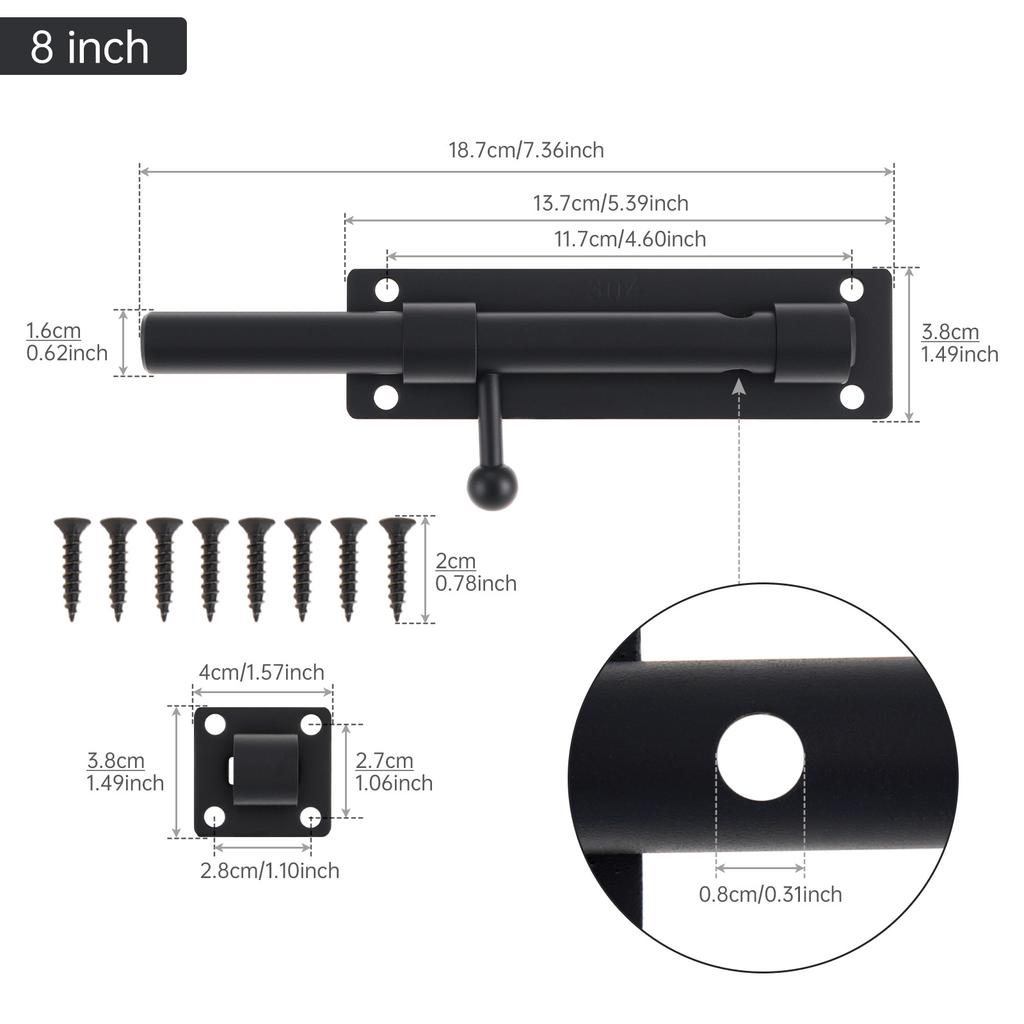 304 Stainless Steel 6 8 10 Inch Heavy Duty Barrel Bolt Latch Matte Black Includes Screws Wooden Fence Barn Door