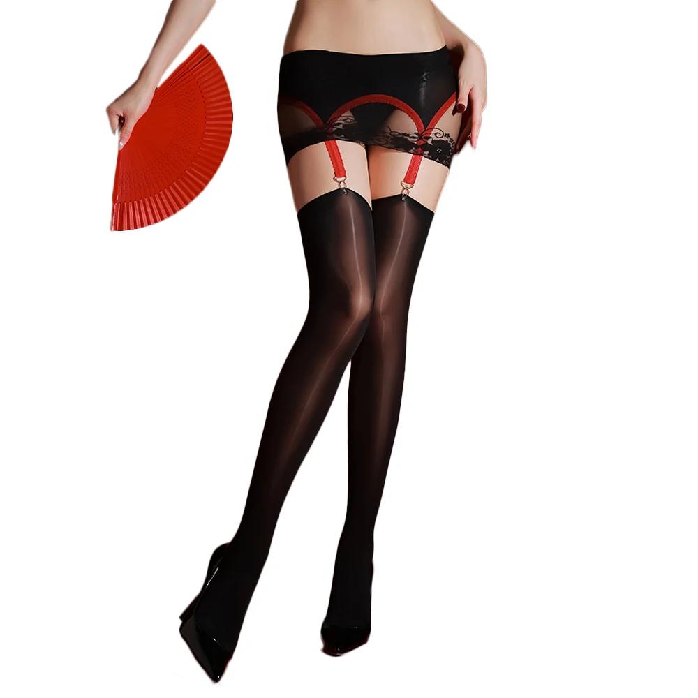 Sexy Women Patchwork Double Use Lace Waist Garter Stockings 8D Oil Glossy Shiny Vintage Shaping Maid Pantyhose Dance Wear