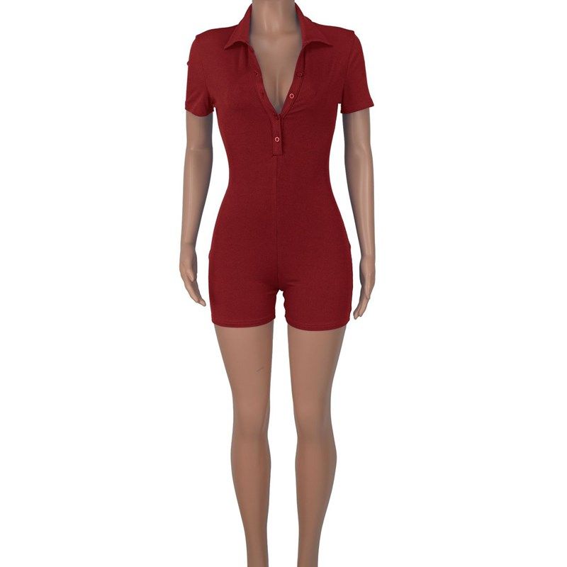 

2024NEW Women Sexy Short Rompers with Lapels Skinny Jumpsuit Wine Red S