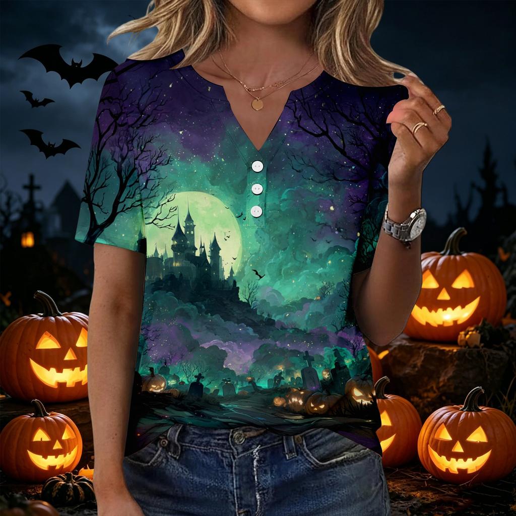 Women's Casual Halloween Print V Neck Short Sleeve T Shirt with Decorative Buttons Gothic Style Relaxed Fit Top for Everyday Wear