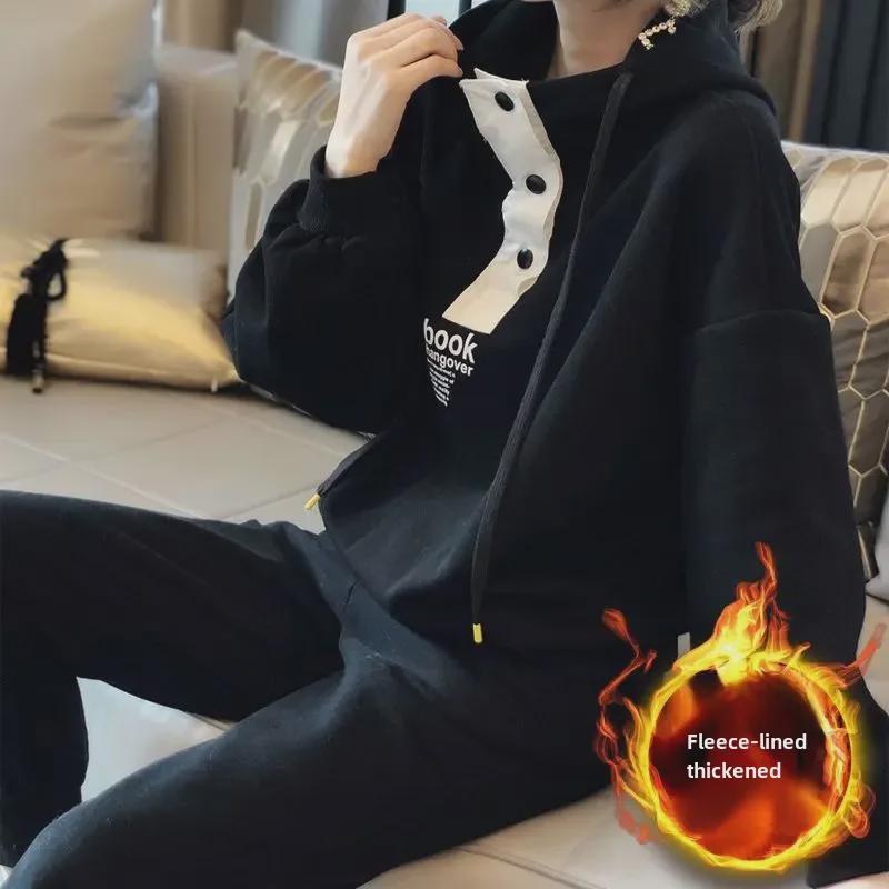 Plush Thickened Women's Plus Size Casual Hooded Two-piece Sportswear Suit for Autumn/Winter