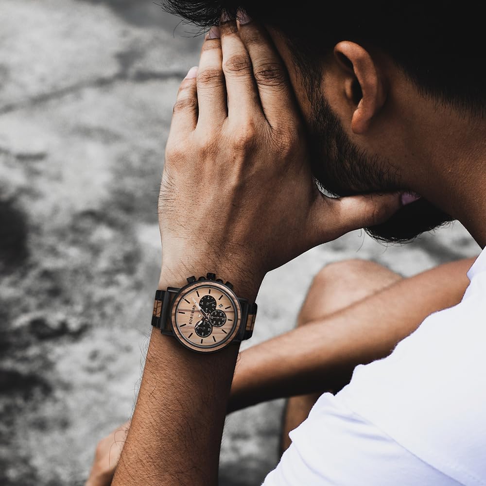 Bobo Bird Men's Stylish Wooden and Stainless Steel Chronograph Military Quartz Casual Watch Black Wood Band