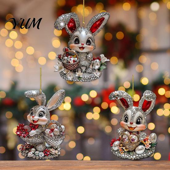 Decorative Rabbit for Home Window Easter Bunny Acrylic Pendant, Cute with Basket, 2D Car Charm Rearview Mirror Hanging Ornament, Bag Keychain