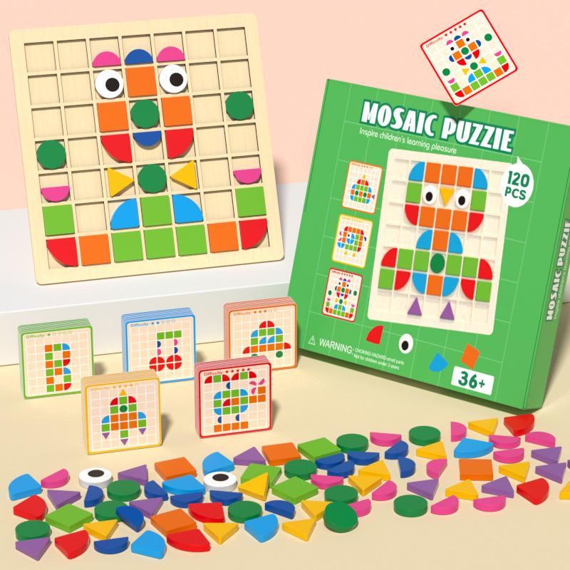 Holz Geometrisches Mosaik Puzzle Montessori STEM Lernspielzeug Ungiftiges Natürliches Holz Form Zuordnung Blöcke Für Kinder Alter 3-6