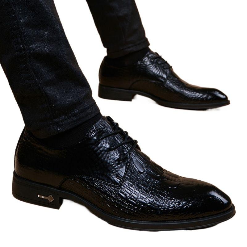 Korean British Men's Pointed Spring and Summer Men's Leather Shoes Crocodile Pattern Casual Business Formal Leather Shoes