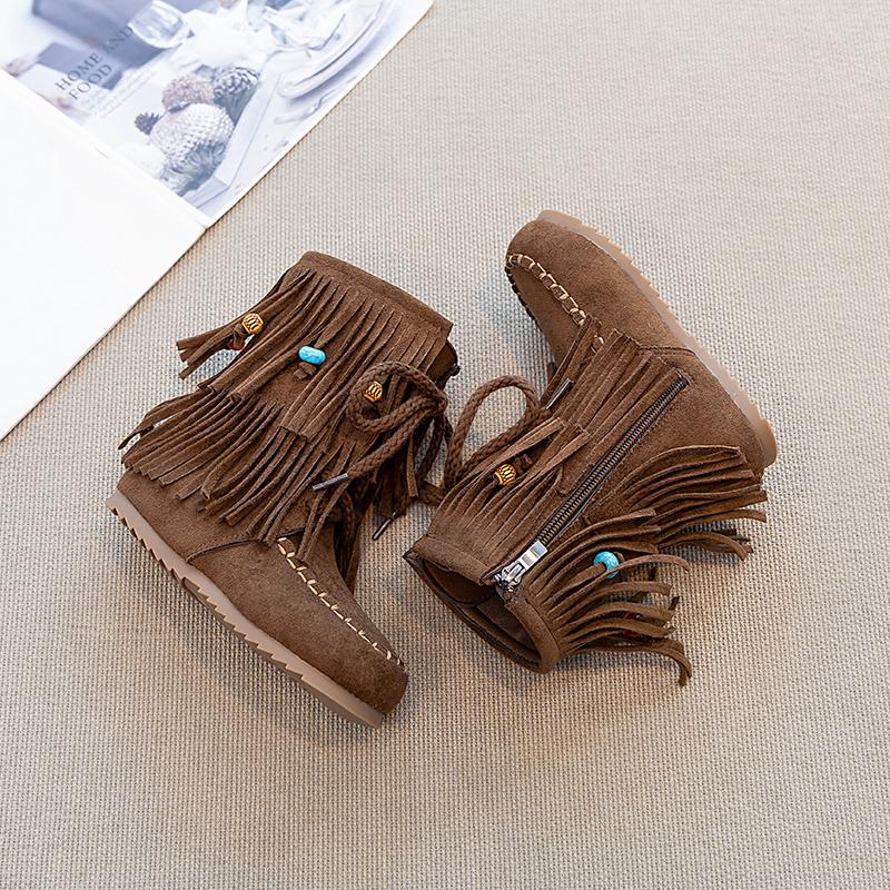 

Girls Suede Leather Boots with Cute Beaded Fringes Winter Kdis Ankler Boots Non-slip Simple Retro School Party Boots 29 темно-коричневого кольору