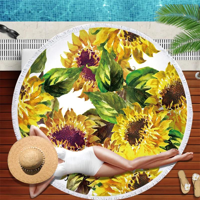 Serviette de plage Marguerites Pompons Ronde Séchage Rapide Extérieur Été Couverture de Mer Tournesol Plante Kawaii Tapis de Plage Tapis de Yoga Pique-nique