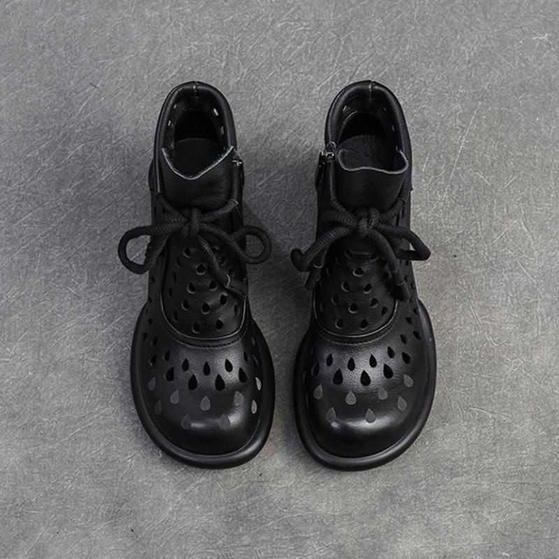 Johnature Retro Breathable Hollow-out Boots Sandals Genuine Leather Fashion High Heels Women's Shoes