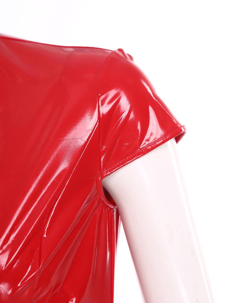 Dámský Crop Top PU s mokrým vzhledem Otevřený vpředu Nastavitelné přezky Krátký rukáv Crop Korzet Lesklý Clubwear