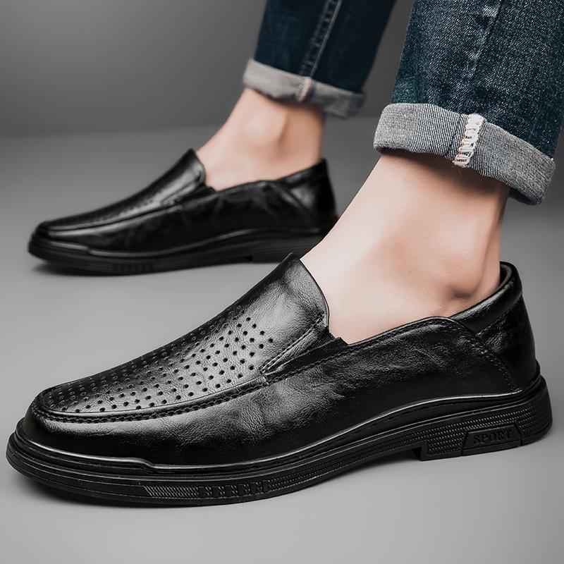 Business Men Genuine Leather Shoes Leather Anti-slip Rubber Loafers  Man Casual Shoes Summer Breathable Hollow Out Leather Shoes