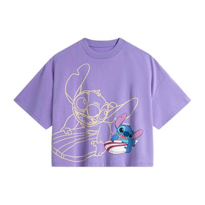 Li Ning X Disney Stitch Serie Rundhals-Pullover Lässiger Strick Sport Kurzarm Überschnittene Schultern T-Shirt Damen Tops Helllila ATSU162-2