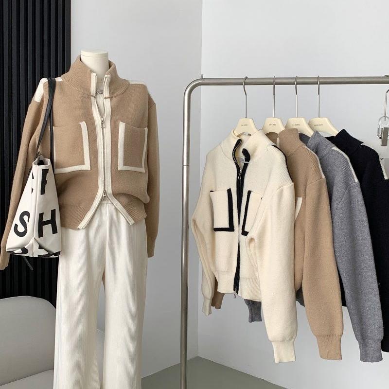 Women's Double-head Zipper Knitted Cardigan Pocket Contrast Loose Knit Sweater Stand Collar Cardigan Jacket Knitted Coat  Top