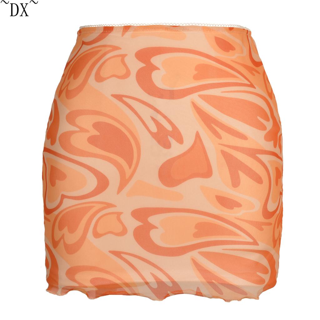 DX~~Beliebter Frühlings- und Sommer-bedruckter Netzrock mit hoher Taille, doppellagiger, schmaler Passform, Wickel-Hüftrock, grenzüberschreitender Damen-Halbrock