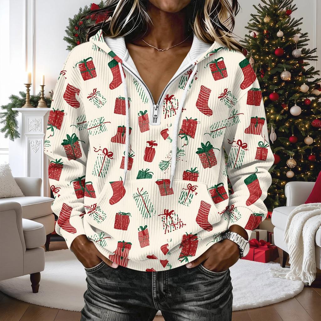 Women's Long Sleeve Christmas Print Hoodie Pullover Top with