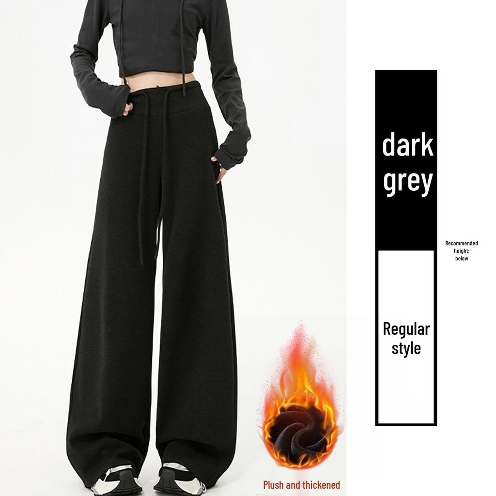 Women's Off-White Fleece-Lined Wide-Leg Pants, Autumn/Winter, Relaxed Fit, Casual, Good Drape, Straight Leg, Glutinous Rice Air Pants
