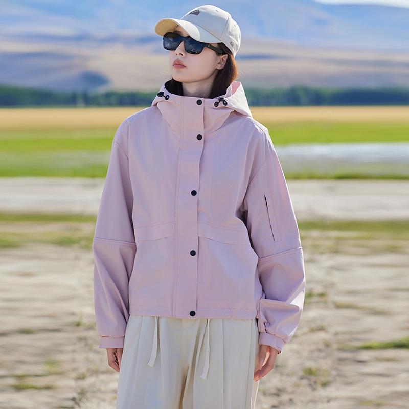Hooded jacket women's spring and autumn new small loose casual tooling trench coat short jacket
