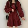 A Square-neck, Slimming, Pleated, Youthful, Loose, High-waisted, Retro, Petite Street Style Dress
