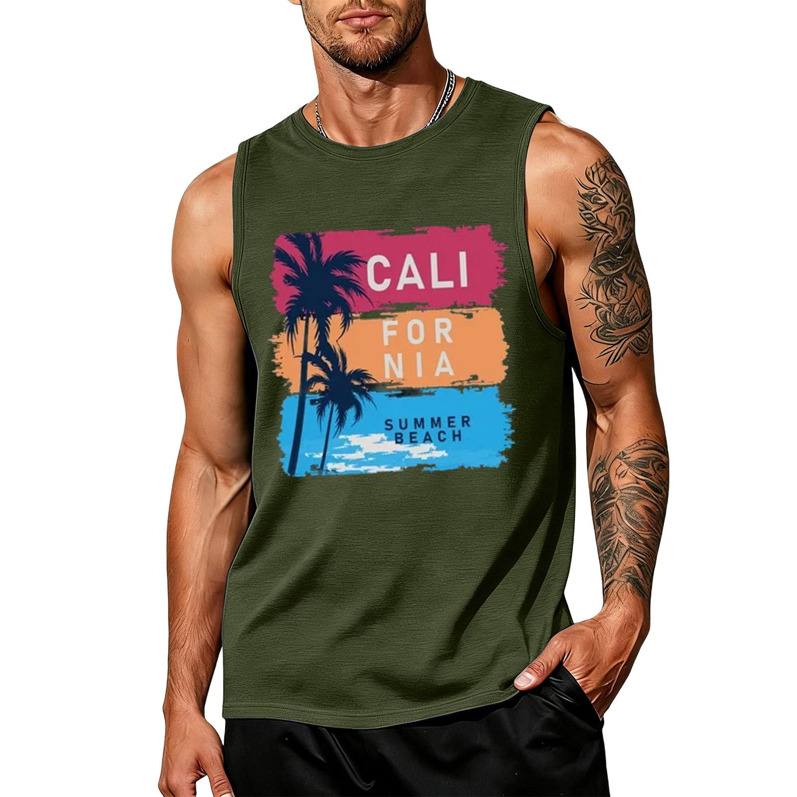 Men s loose and casual Hawaiian print sleeveless shirt L