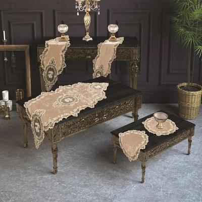 Elite Velvet Runner Set 5 Pieces For Living Room, French Lace, Wedding, Home Accessories, Cappucino