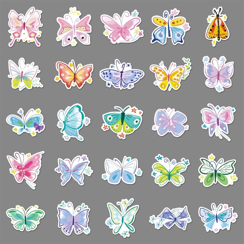 50 Waterproof Stickers: Watercolor Butterfly & Cartoon Animal Designs for Notebooks, Phone Cases, and Planners