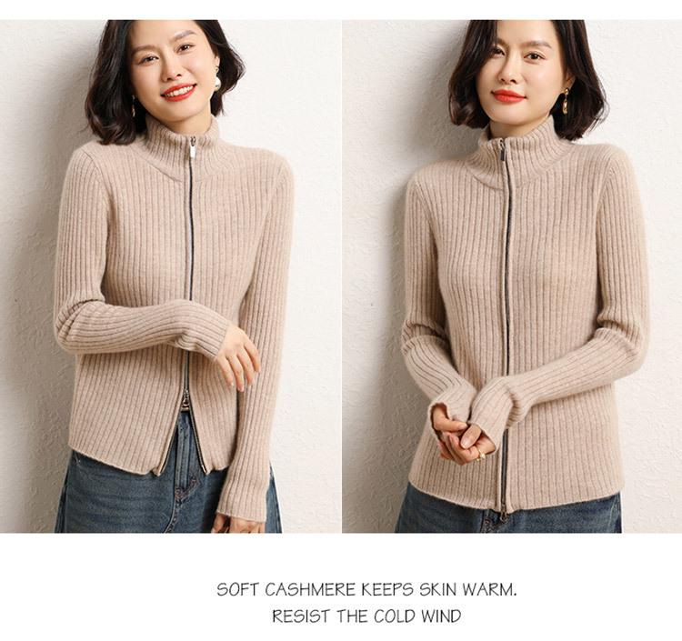 Women's Korean Style Cashmere Stand Collar Zipper Cardigan - Striped Slimming Knitwear for Autumn Winter