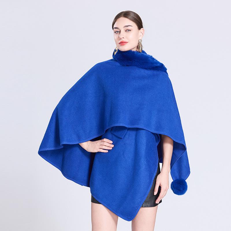 Autumn/Winter Knitted Scarf Shawl Cape with Fur Collar and Pom-Poms (Style 0962#)