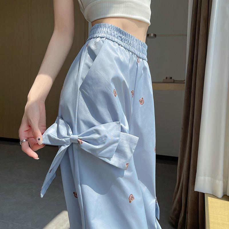 Pantaloni Casual Lavorati a Maglia a Gamba Larga Larghi Decorati con Orsetto e Fiocco Tridimensionale Estivi per Donna