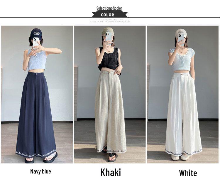 Women's Embroidered Ice Silk Cotton High-Waisted Wide-Leg Pants for Spring/Summer 2026
