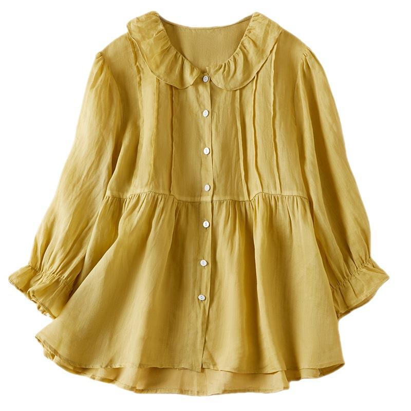 Summer Loose Solid Doll Neck 3/4 Sleeve Cotton Linen Shirt Women's Blouse