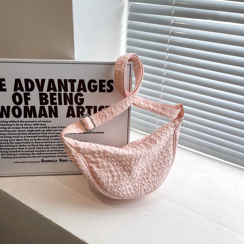 Women Solid Color Zipper Dumpling Bun Inclined Satchel Bag Leisure Large Capacity Shoulder Bags Wrinkled Adjustable Band Strap