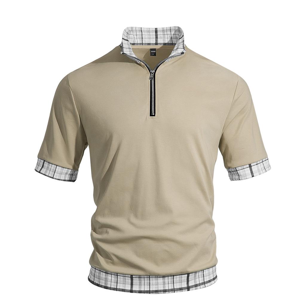Men's Short Sleeve Polo Shirt with Half Zip Collar Layered Look Casual Loose Fit Big Size Plaid Pattern